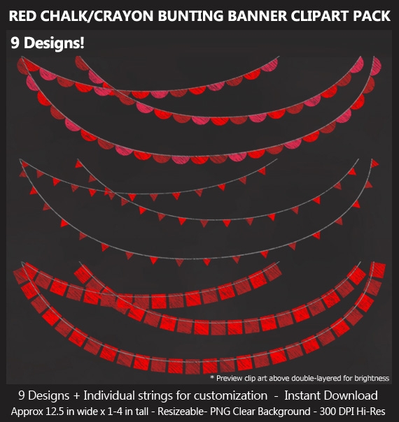 Red Chalk Bunting Banner Clipart - Bonus Free Chalkboard Papers - Wedding, Baby Shower, Birthday	