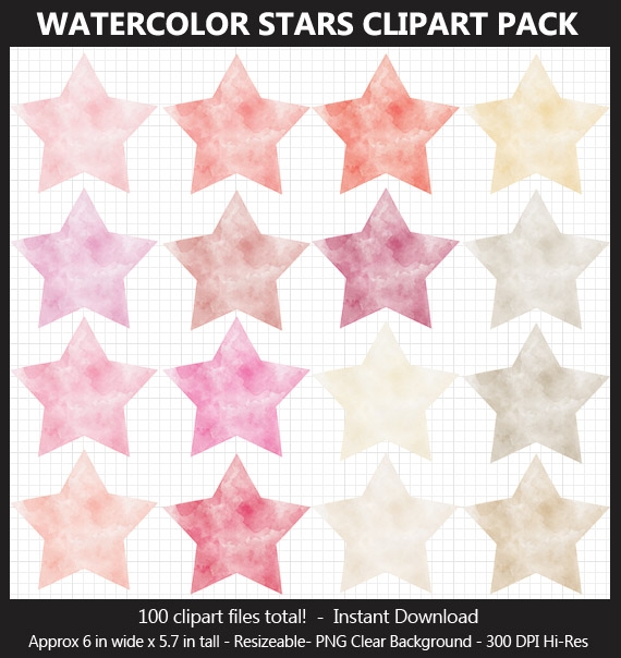 Watercolor Stars Clipart Pack - 100 Colors, Printable, Scrapbook, Planner Sticker, Bulletin Board	