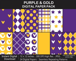 Purple and Gold Digital Papers - SEAMLESS, Polka Dot, Stars, Harlequin, Fleur de Lis, Scrapbook