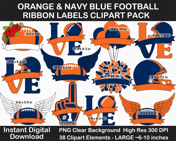 Orange and Navy Blue Football Ribbon Labels Clipart Pack - Helmet, Cheer Pom Pom, Printable, Sign