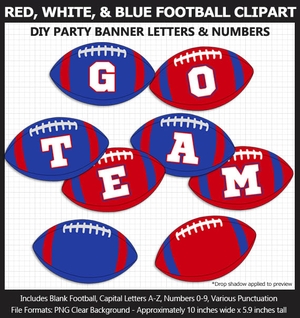 Red, White, and Blue Football Alphabet Banner Clip Art - Letters, Numbers, Superbowl, Party