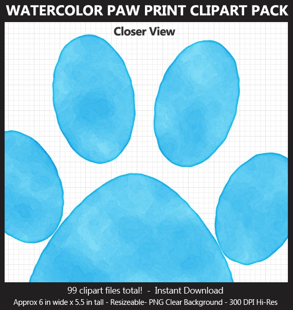 Watercolor Paw Print Clipart - 99 Colors, Dog Paw Print, Cat Paw, Puppy Paw, Printable, Iron-on	