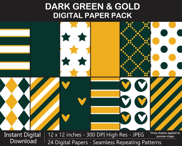 Dark Green and Gold Digital Paper Pack - SEAMLESS, Scrapbook, Background, Football, Wrapping Paper	