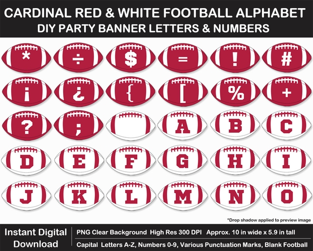 Cardinal Red and White Football Alphabet Banner Clip Art - Letters, Numbers, Superbowl, Birthday