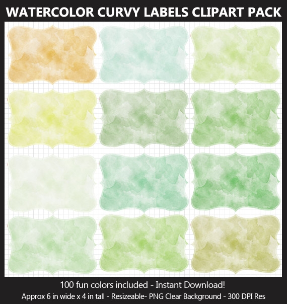 Watercolor Curvy Labels Clipart Pack - 100 Colors, Scrapbook, Party Food Labels, School Binders