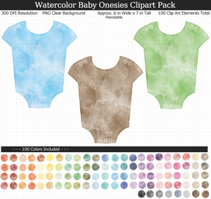 Watercolor Baby Onesie Clipart - 100 Colors, Baby Shower, Decoration, Pastel, Baby Clothes	