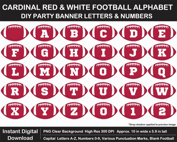 Cardinal Red and White Football Alphabet Banner Clip Art - Letters, Numbers, Superbowl, Birthday