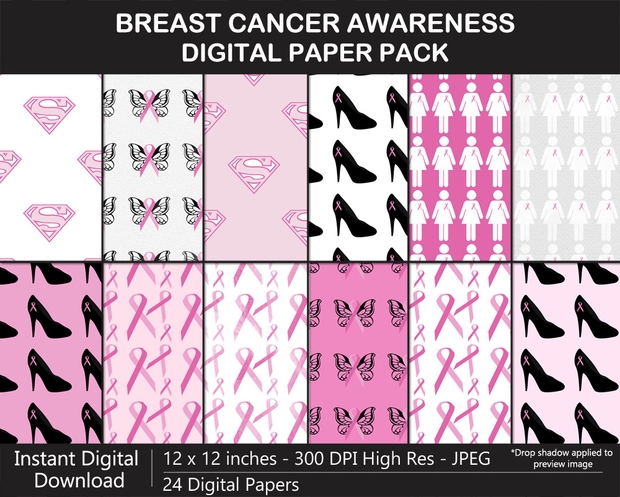 Breast Cancer Awareness Digital Paper Pack - Pink Ribbon, Super Woman, High Heels, Butterfly, 12x12	