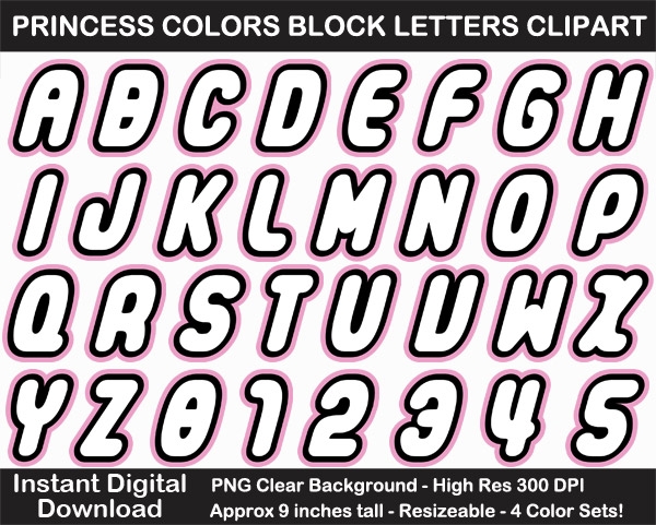 Princess Colors Block Letters Clipart - Letters, Numbers, Punctuation, 4 Color Sets, Large	