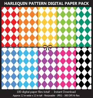 Harlequin Digital Paper Pack - 100 Colors, Birthday Party, Jester, Joker, Diamonds, Scrapbook	