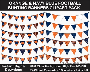 Orange and Navy Blue Football Bunting Banners Clipart - Helmet, Foam Finger, Cheer, Pennant, Print