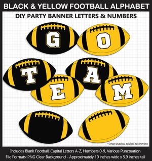 Black and Yellow Football Alphabet Banner Clip Art - Varsity Letters, Numbers, Superbowl, DIY