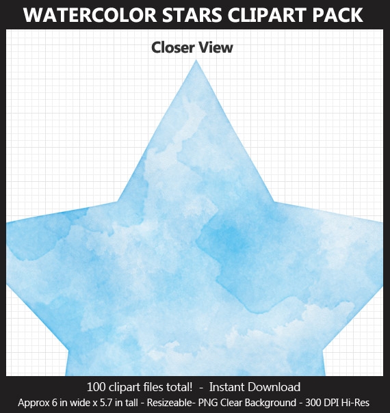 Watercolor Stars Clipart Pack - 100 Colors, Printable, Scrapbook, Planner Sticker, Bulletin Board	