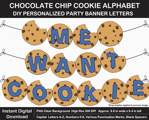 Chocolate Chip Cookie Alphabet Clip Art Letters, Numbers, Birthday Party Banner, Printable, Sign