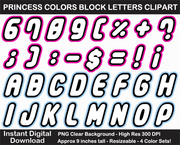 Princess Colors Block Letters Clipart - Letters, Numbers, Punctuation, 4 Color Sets, Large	