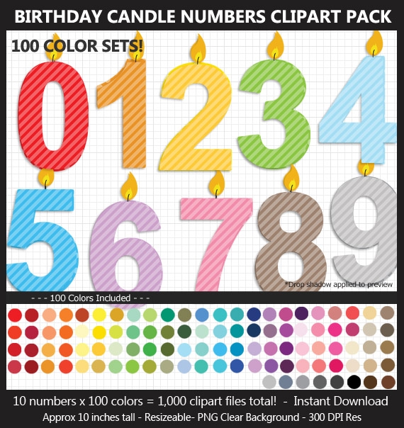 Birthday Candle Numbers Clipart Pack - 100 Colors, Birthday Sign, Printable, 10 Inches, Scrapbook