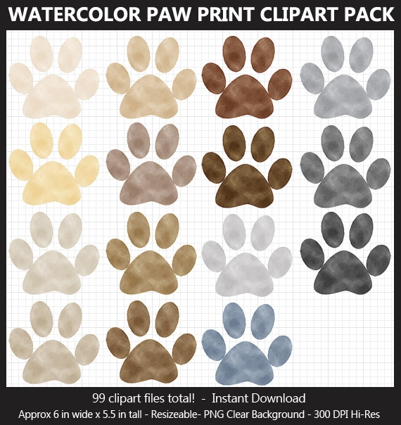 Watercolor Paw Print Clipart - 99 Colors, Dog Paw Print, Cat Paw, Puppy Paw, Printable, Iron-on	