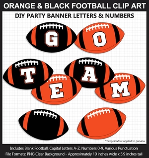 Orange and Black Football Alphabet Banner Clip Art - Varsity Letters, Numbers, Superbowl, Party