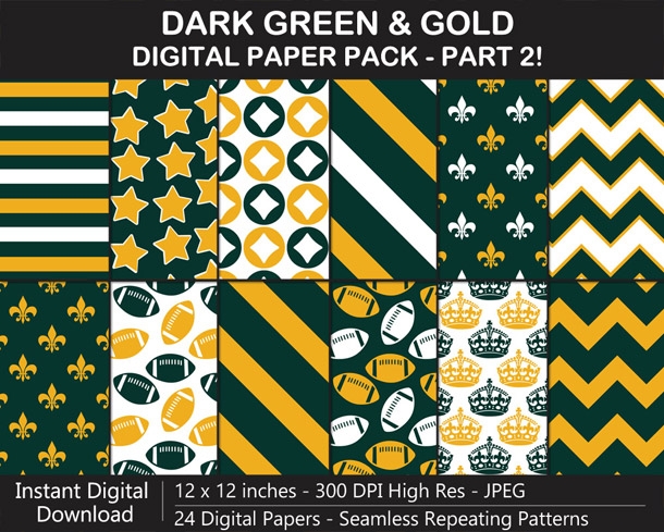 Dark Green and Gold Digital Paper Pack - SEAMLESS, Scrapbook, Background, Football, Wrapping Paper	