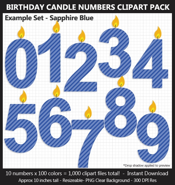 Birthday Candle Numbers Clipart Pack - 100 Colors, Birthday Sign, Printable, 10 Inches, Scrapbook