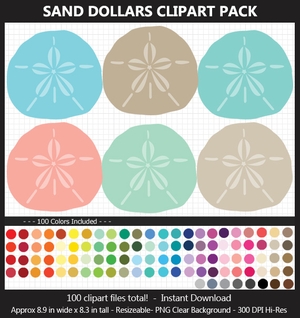 Sand Dollars Clipart Pack - 100 Colors, Ocean, Under the Sea, Beach, Summer, Printable, Scrapbook	