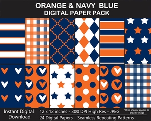 Orange and Navy Blue Digital Papers - SEAMLESS, Polka Dot, Stars, Harlequin, Fleur de Lis, Scrapbook