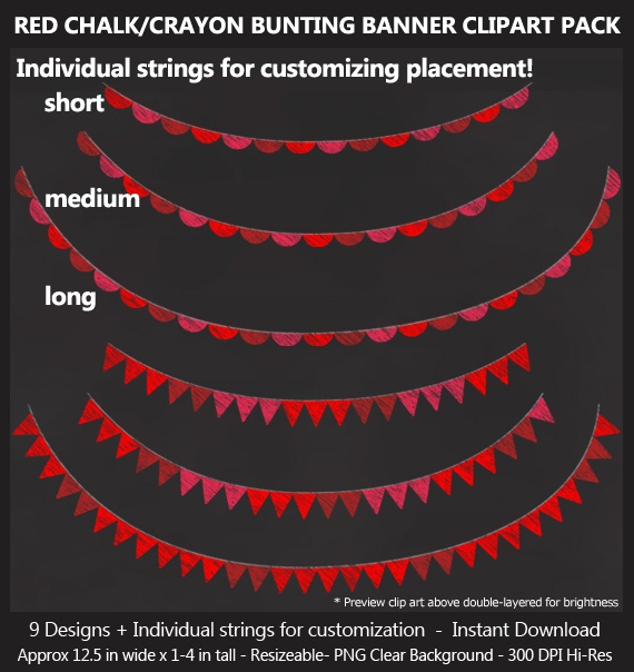 Red Chalk Bunting Banner Clipart - Bonus Free Chalkboard Papers - Wedding, Baby Shower, Birthday	