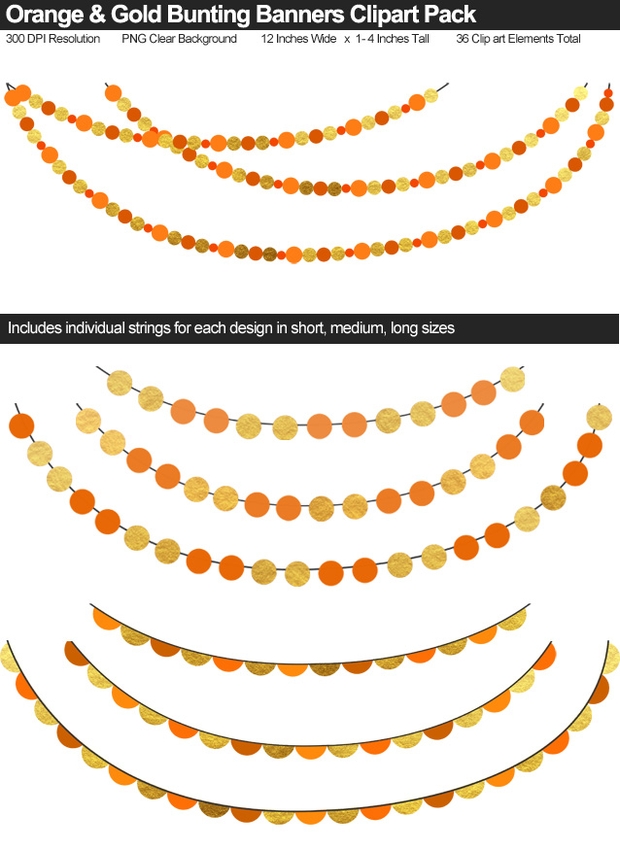 Orange &amp; Gold Bunting Banner Clipart Pack - Wedding, Baby Shower, Birthday, Heart, Stars, Pennant	