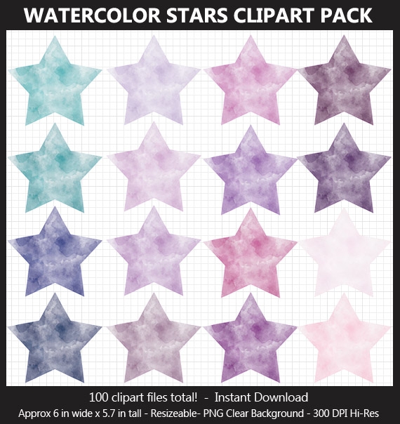 Watercolor Stars Clipart Pack - 100 Colors, Printable, Scrapbook, Planner Sticker, Bulletin Board	