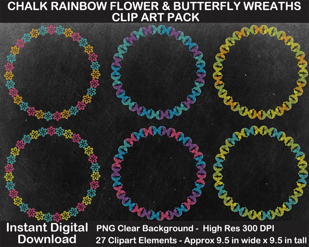 Chalk Rainbow Flower and Butterfly Wreaths Clipart Pack - Chalkboard, Scrapbook Border, Gift Tags	