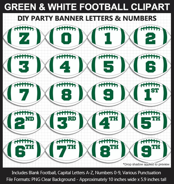 Green and White Football Alphabet Banner Clip Art - Letters, Numbers, Superbowl, DIY Football Party
