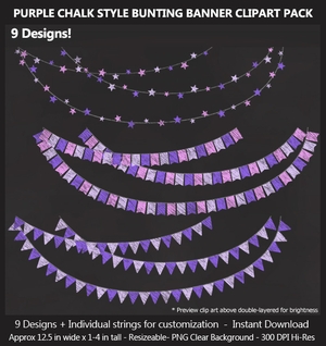 Purple Chalk Bunting Banner Clipart - Bonus Free Chalkboard Papers - Wedding, Baby Shower, Birthday	