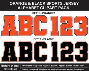 Orange and Black Sports Jersey Alphabet Clipart - Varsity Letters, Numbers, Superbowl, Sign	