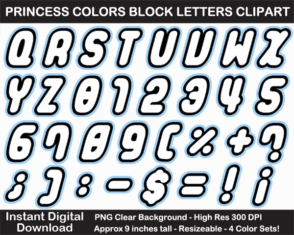 Princess Colors Block Letters Clipart - Letters, Numbers, Punctuation, 4 Color Sets, Large	