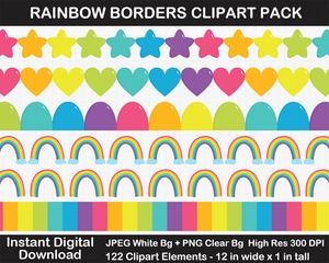 Rainbow Borders Clipart Pack - Printable, Scrapbook Border, Shooting Stars, Heart, Butterflies, Page