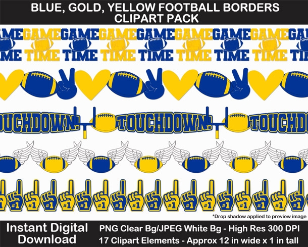 Blue, Gold, Yellow Football Borders Clipart - Printable, Scrapbook Border, Page Border, Bulletin