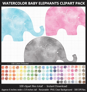 Watercolor Baby Elephant Clipart -  100 Colors, Baby Shower, Pastel, Iron-on Transfer, Scrapbook