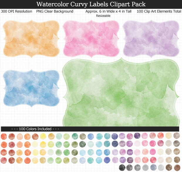 Watercolor Curvy Labels Clipart Pack - 100 Colors, Scrapbook, Party Food Labels, School Binders