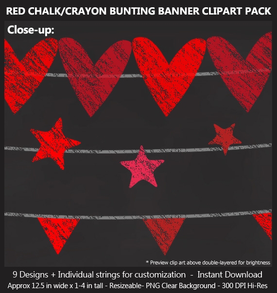 Red Chalk Bunting Banner Clipart - Bonus Free Chalkboard Papers - Wedding, Baby Shower, Birthday	