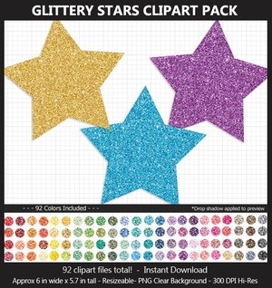 Glittery Stars Clipart Pack - 92 Colors, Glitter, Printable, Scrapbook, Planner Sticker, Bulletin	