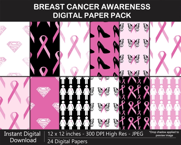 Breast Cancer Awareness Digital Paper Pack - Pink Ribbon, Super Woman, High Heels, Butterfly, 12x12	