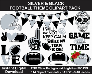 Silver and Black Football Theme Clip Art - Helmet, Label, Pennant Banner, Birthday, Superbowl