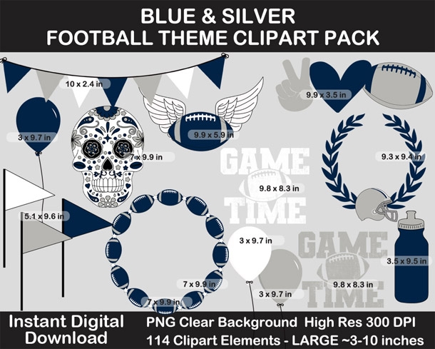 Blue and Silver Football Theme Clip Art - Helmet, Logo, Label, Pennant Banner, Birthday