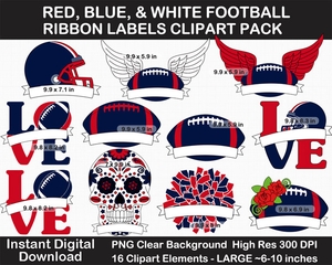 Red, Blue, White Football Ribbon Labels Clipart Pack - Helmet, Cheer Pom Pom, Printable, Sign