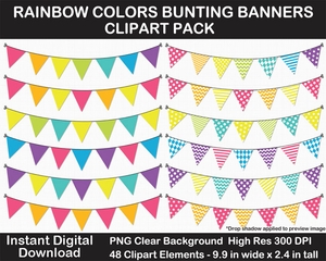 Rainbow Colors Bunting Banners Clipart Pack - Pennant, Triangle Flag, Birthday, Printable, Polka Dot