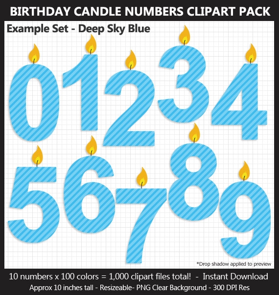 Birthday Candle Numbers Clipart Pack - 100 Colors, Birthday Sign, Printable, 10 Inches, Scrapbook
