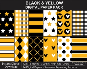 Black and Yellow Digital Paper Pack - SEAMLESS, Polka Dot, Stars, Harlequin, Fleur de Lis, Scrapbook