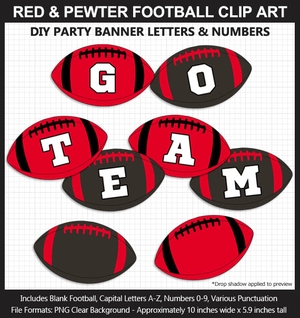 Red and Pewter Football Alphabet Banner Clip Art - Varsity Letters, Numbers, Superbowl, Party