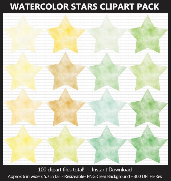 Watercolor Stars Clipart Pack - 100 Colors, Printable, Scrapbook, Planner Sticker, Bulletin Board	