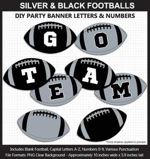 Silver and Black Football Alphabet Banner Clip Art - Letters, Numbers, Superbowl, Football Birthday